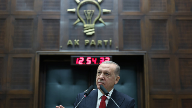 Turkish President Press Office shows Turkish President Recep Tayyip Erdogan addressing members of ruling Justice and Development Party at their group meeting at the parliament in Ankara, Turkey, 15 November 2023